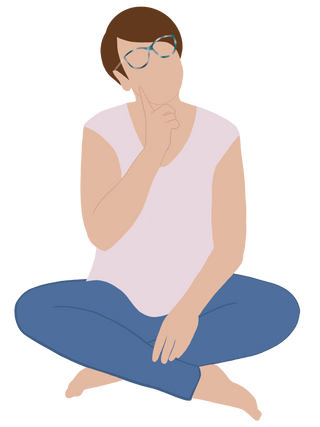 Drawing of woman sitting crosslegged and looking up thinking
