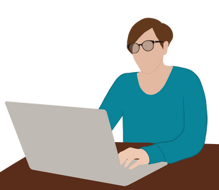 Drawing of woman wearing glasses typing on laptop.