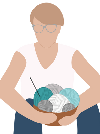 Drawing of a woman holding a bowl of yarn with a hook in one of the balls.