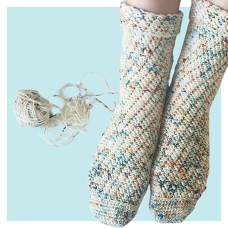 A family story crochet socks on turquoise background.