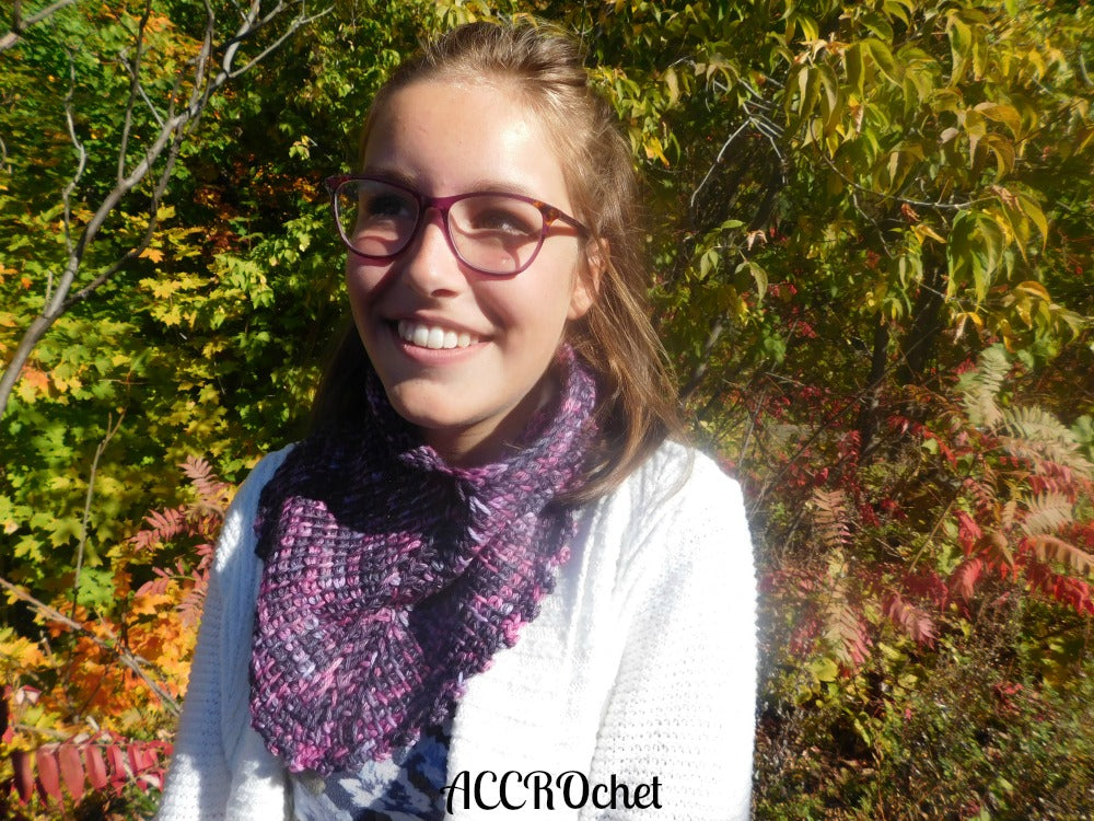 Purple Autumn-cowl-Tunisian Crochet worn by teenager.