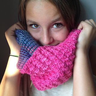 Blue and Pink BFF Tunisian and Regular Crochet Cowl worn by teenager.