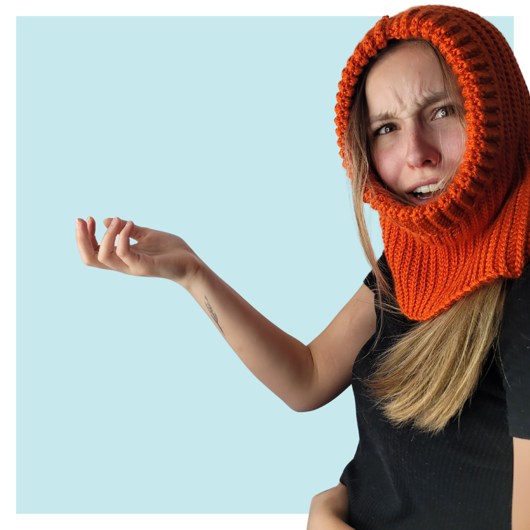 Campfire crochet hood worn by teen on turquoise background.