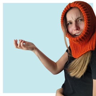 Campfire crochet hood worn by teen on turquoise background.