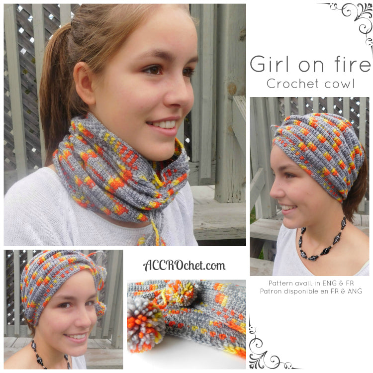Graphic showing a crochet cowl worn 3 ways by teenager.