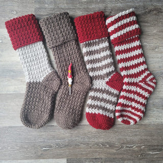 Picture of the 4 variations of the gnome-Family-of-Stockings Crochet Pattern.