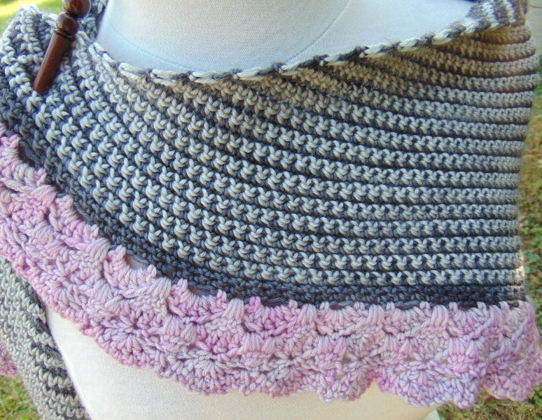 Striped Granite and Quartz Crochet Shawl with pink border closeup.