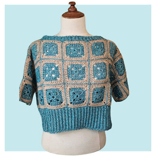 Granny wears a crop top posed on mannequin on turquoise background.