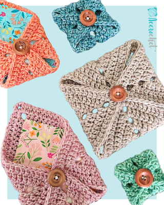 Open and closed granny square pouches on turquoise background