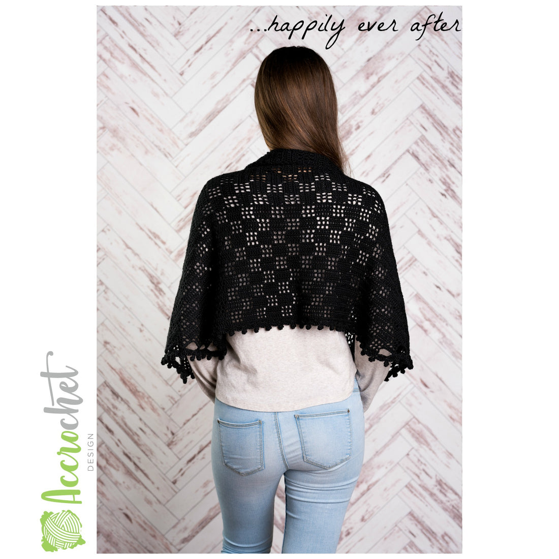 Huit Crochet Shawl worn by woman with back turned.