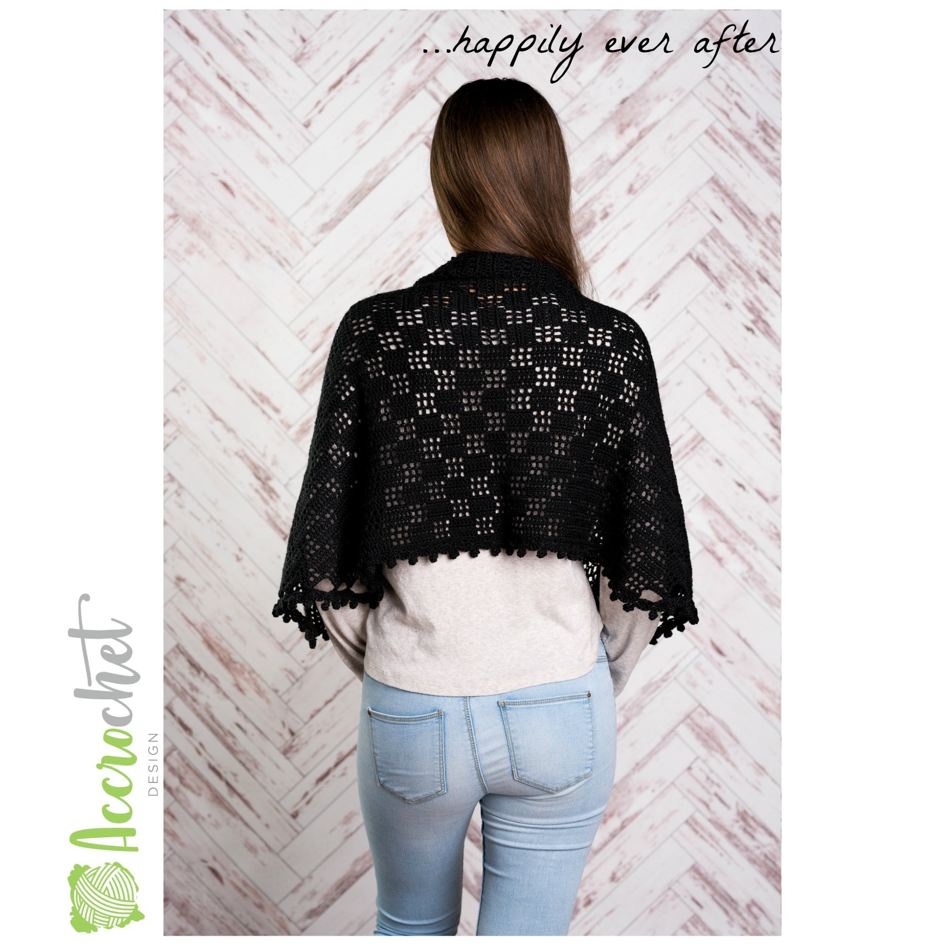 Huit Crochet Shawl worn by woman with back turned.