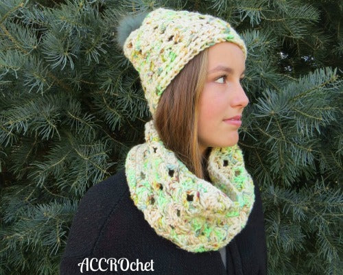 Lucky Charms Hat and Cowl worn by teen in front of pine tree.