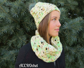 Lucky Charms Hat and Cowl worn by teen in front of pine tree.