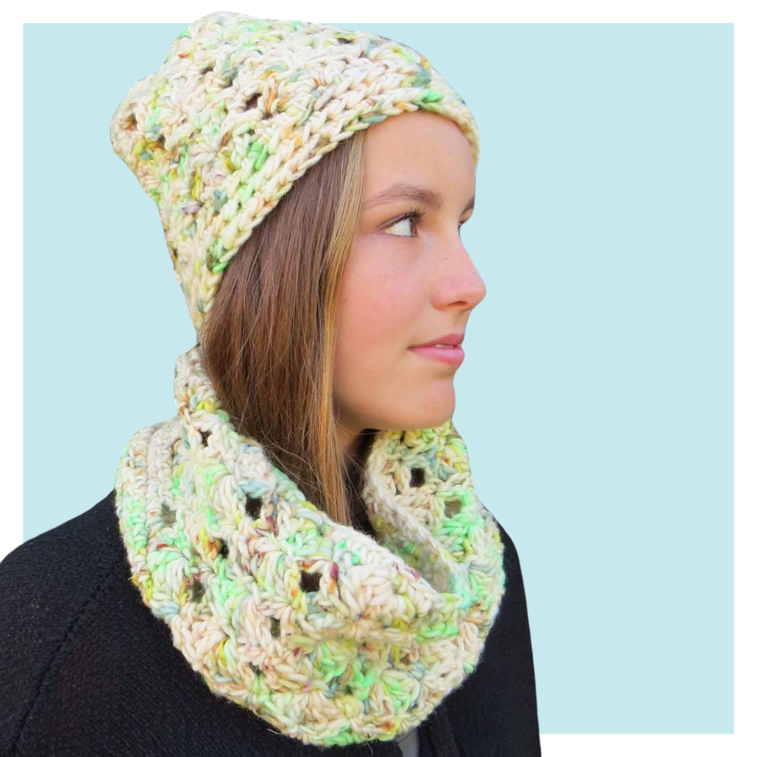 Lucky Charms Crochet Hat and Cowl worn by teen on turquoise background.