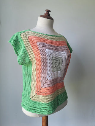 Not-So-Granny crochet tee on white background.