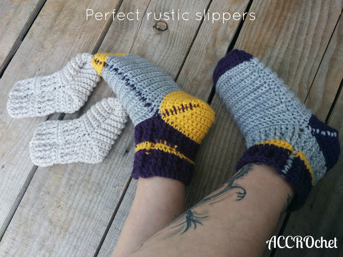 Perfect-rustic-slippers crochet on wood background.