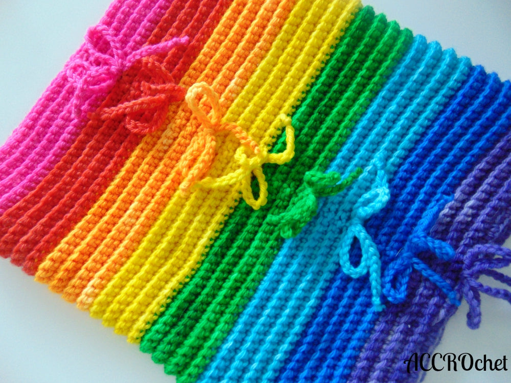 Rainbow Crochet Cowl on white background.