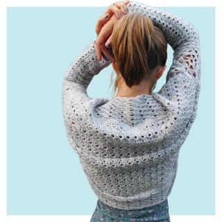 Stella Squared Crochet Shrug on turquoise background.