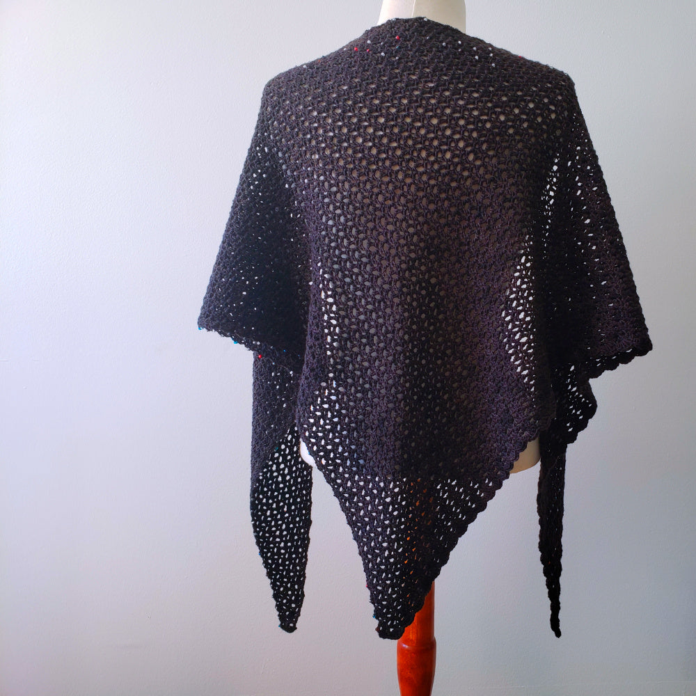 The-Black-Shawl-beaded crochet shawl on mannequin.