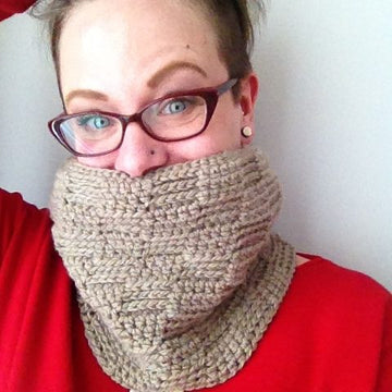 The-One-crochet cowl worn by woman wearing red shirt.