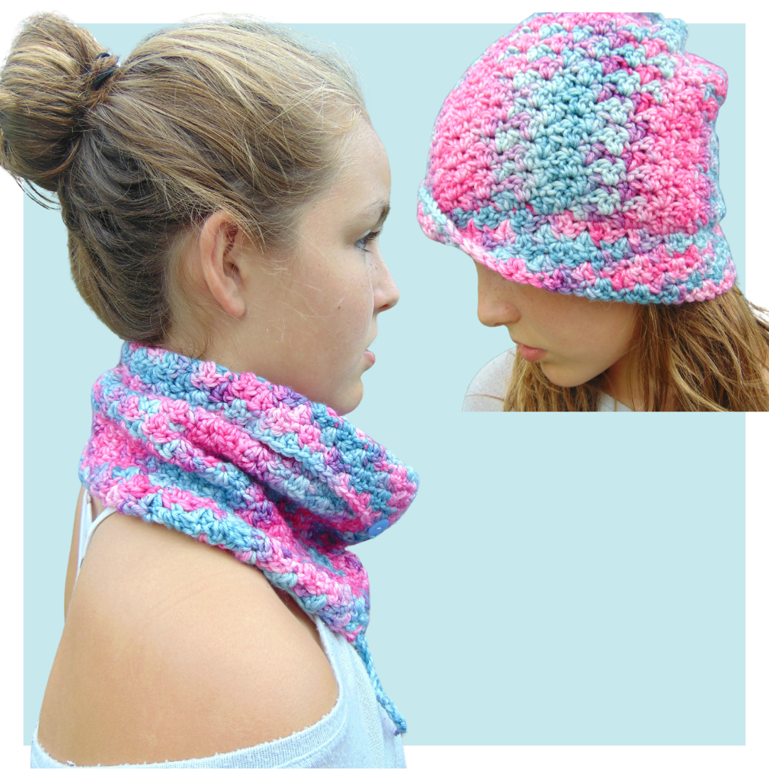 Unicorn convertible cowl worn by teen as a hat, and as a cowl on turquoise background.