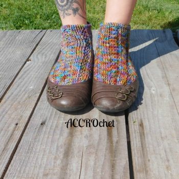 Joséphine crochet socks in brown flats.