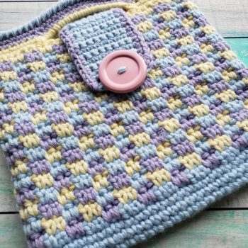 Blue yellow and lilac crochet bag