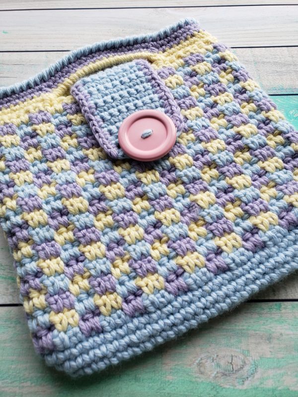 Blue yellow and lilac crochet bag