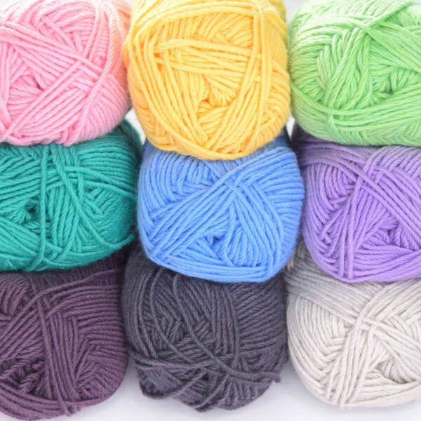 Purple Charcoal Light Gray Teal Blue Lilac Pink Yellow and Green balls of yarn