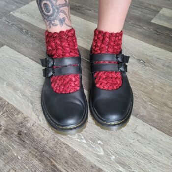 Red crochet socks in black Maryjane Doc Marten shoes