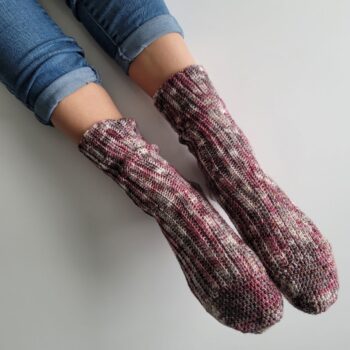 Blueberry Field crochet socks worn with blue jeans