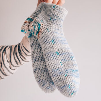 Crochet ankle socks held up in the air