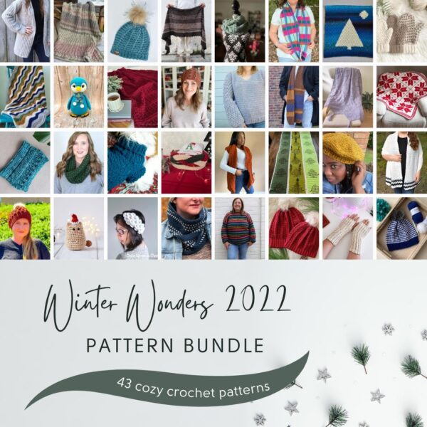 Graphic showing the 43 crochet patterns included in the winter bundle