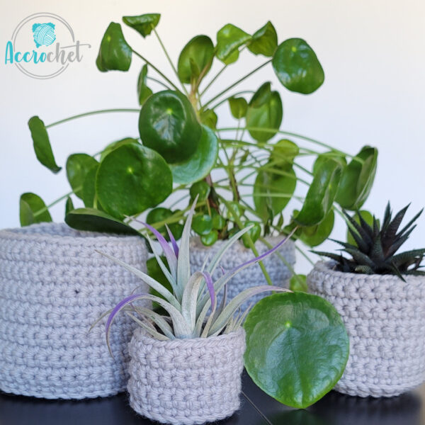 Crochet planters shown with various plants in them